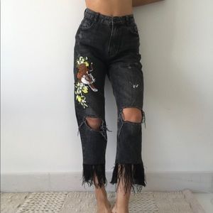 black wash jeans w fringe and patch